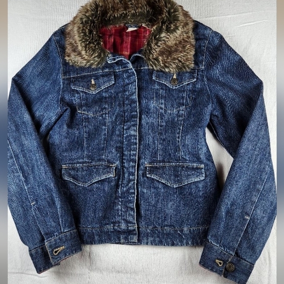 VTG Grizzly Plaid Flannel Lined Denim Jean Jacket Coat Removable Fur Collar Med - Picture 2 of 8